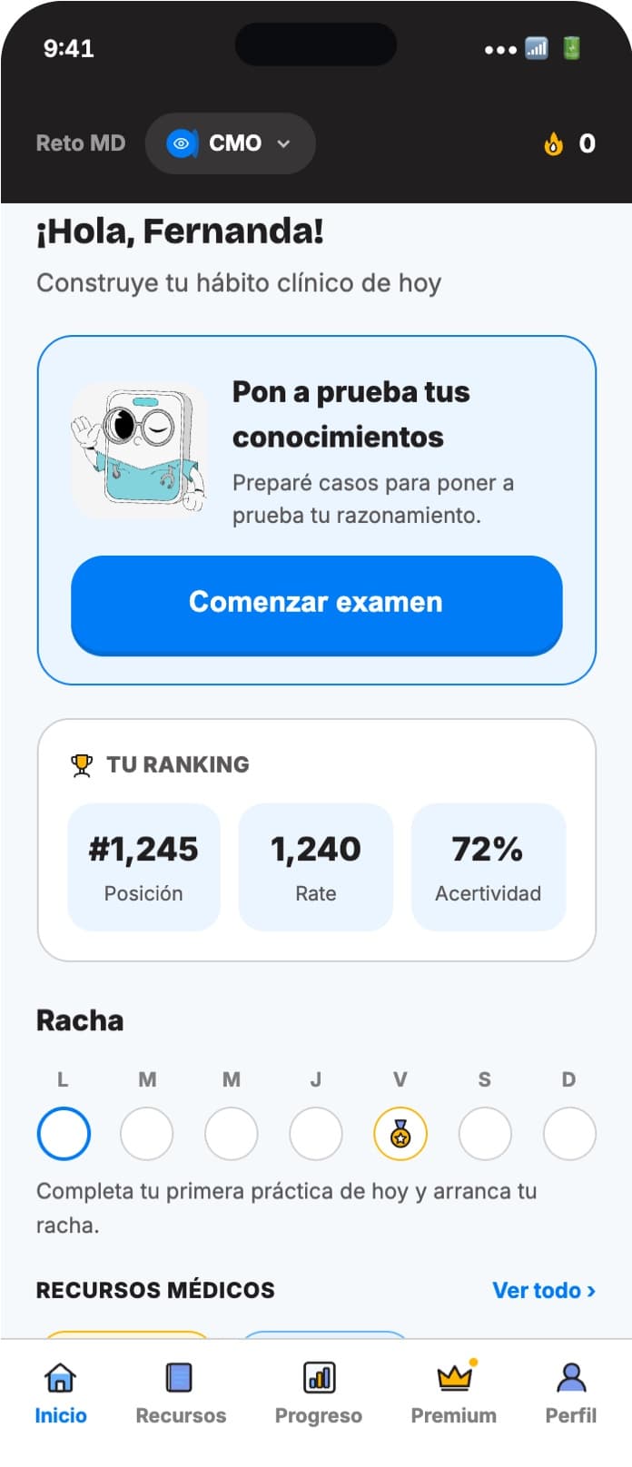 Captura de la app: inicio con tu examen de especialidad, ranking y racha